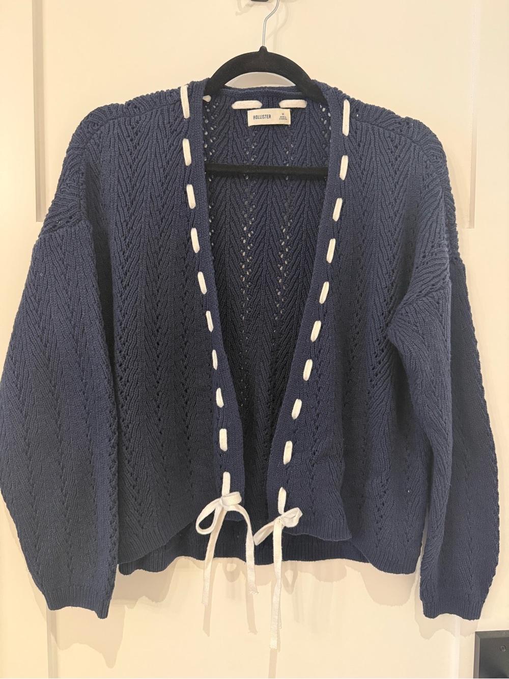 Hollister Navy Open Knit Cardigan Sweater w/ Ribbon Detail Medium